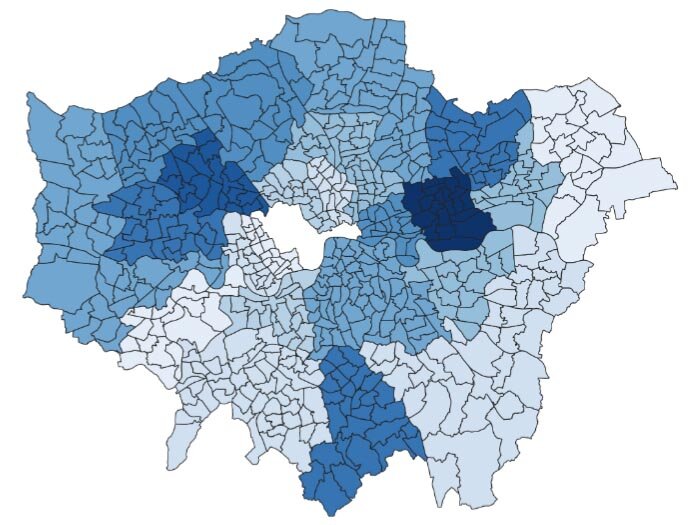 Figure 2: BAME 2021 projections by BoroughDark blue high concentrationLight blue low concentration