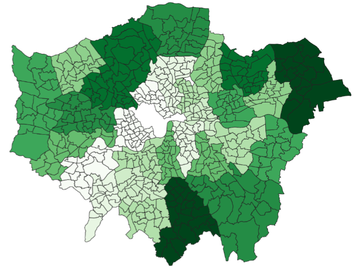 Figure 3: Covid-19 deaths as of 11/03/2026 by BoroughDark green high death ratesLight green low death rates