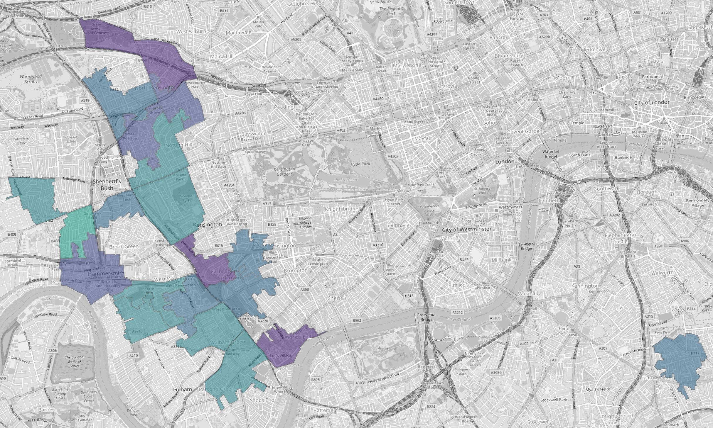 The geospatial mapping of the highest correlating MSOA regions.